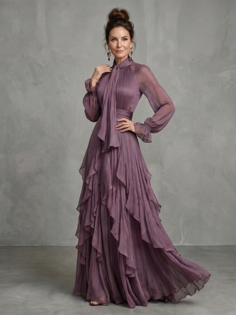 Purple tie-neck tiered maxi dress with ruffled skirt and gathered waist, sheer sleeves