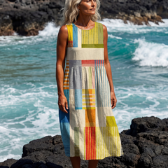 Multicolor sleeveless midi dress with patchwork block pattern and scoop neckline