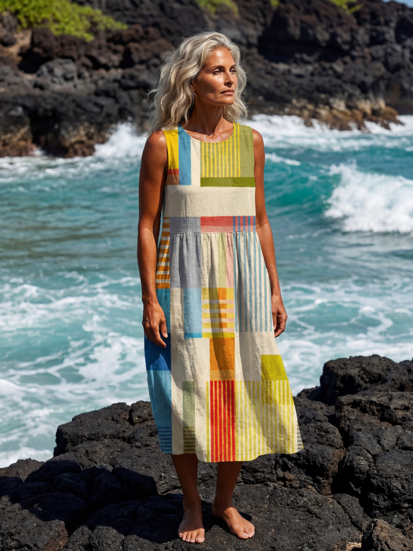 Multicolor sleeveless midi dress with patchwork block pattern and scoop neckline