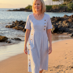 Blue/white striped midi dress with short sleeves and button front, gathered waist