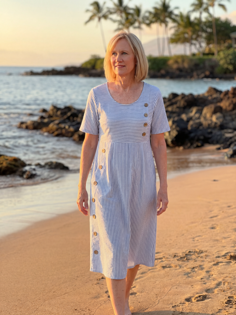 Blue/white striped midi dress with short sleeves and button front, gathered waist