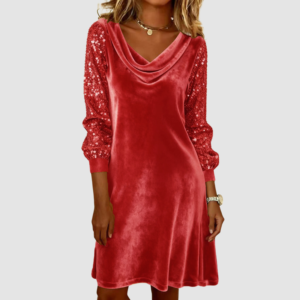 Red velvet midi dress with draped cowl neckline and sequin mesh sleeves