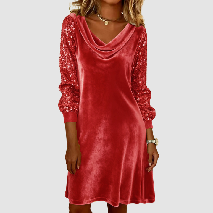 Red velvet midi dress with draped cowl neckline and sequin mesh sleeves