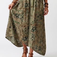 Green patterned button-front midi dress with patch pockets and button placket detail
