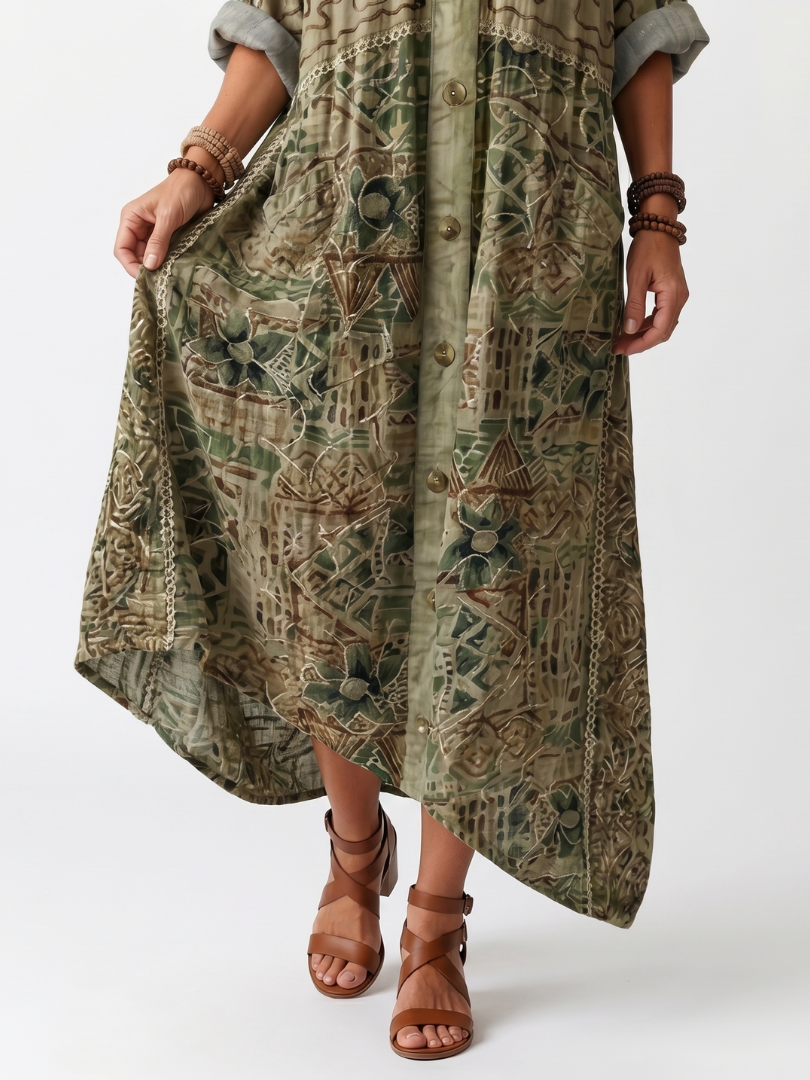 Green patterned button-front midi dress with patch pockets and button placket detail