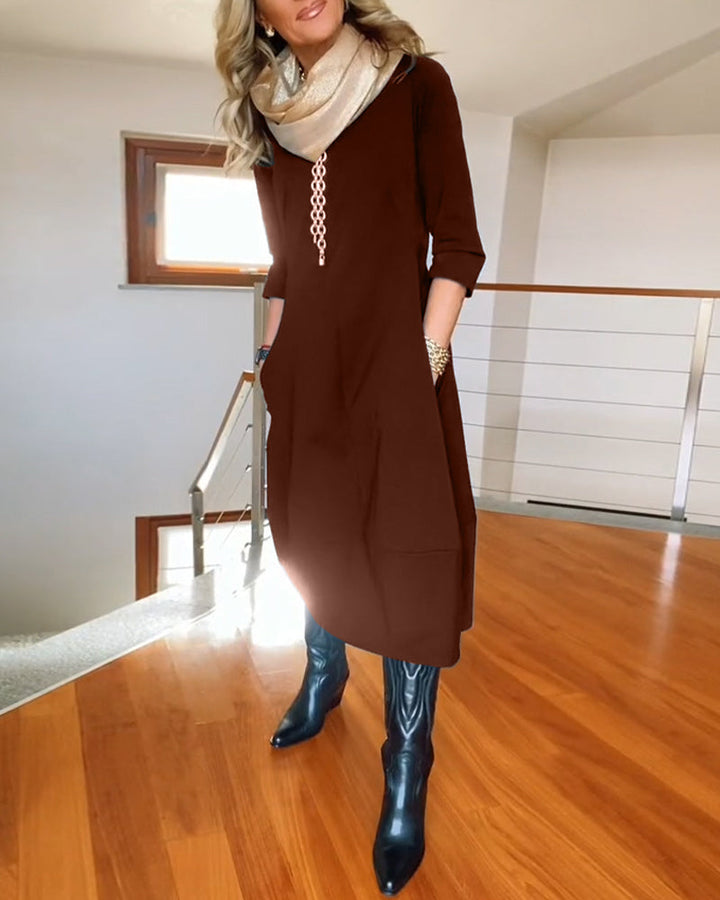 Nia casual elegance dress, brown color, 3/4 sleeves, midi length, scoop neckline
