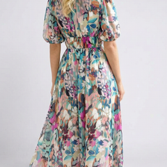 Floral V-neck short-sleeve midi dress, gathered waist, ruched back detail