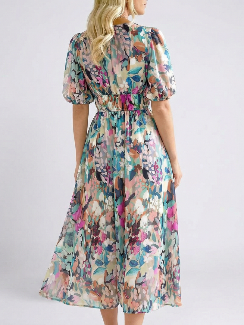 Floral V-neck short-sleeve midi dress, gathered waist, ruched back detail