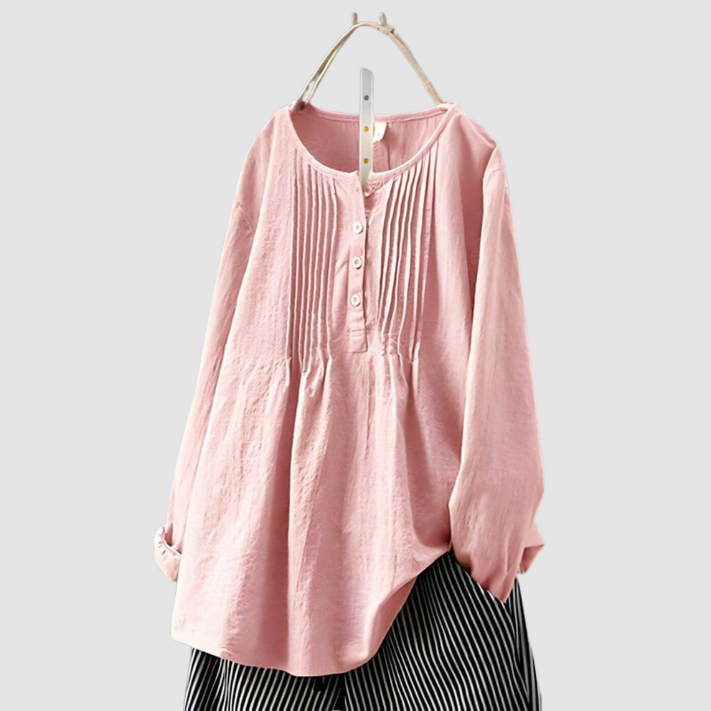 Pink long-sleeve blouse with front buttons and vertical pleats, gathered neckline