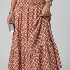 Geometric print tiered ruffle midi skirt with gathered waist