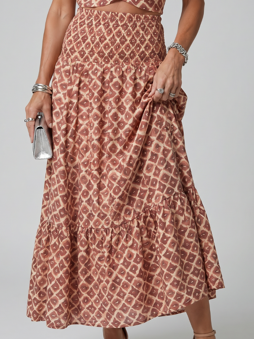 Geometric print tiered ruffle midi skirt with gathered waist