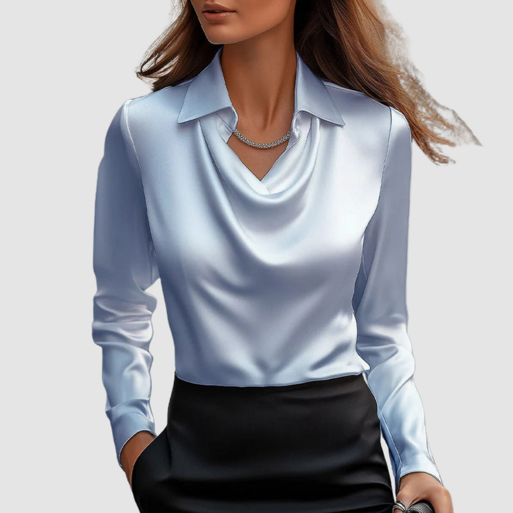 Light blue satin blouse with pointed collar, draped cowl neckline and long sleeves