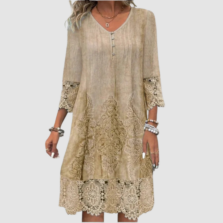 Jacquelin™ elegant lace dress in khaki, 3/4 sleeves with crochet lace hem
