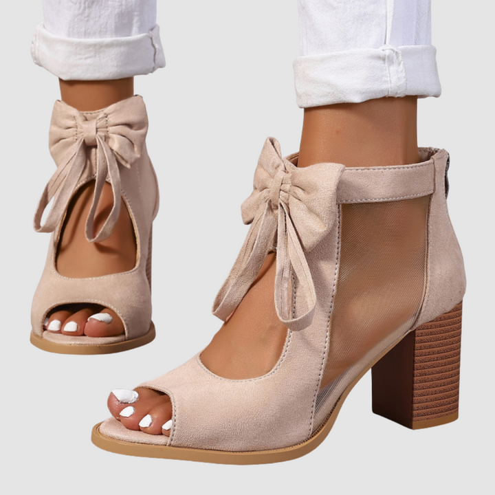 Women's orthopedic beige bow heels with mesh back and block heel, open peep toe