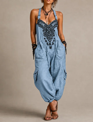 Blue boho overalls jumpsuit with embroidered V-neck straps and drawstring waist