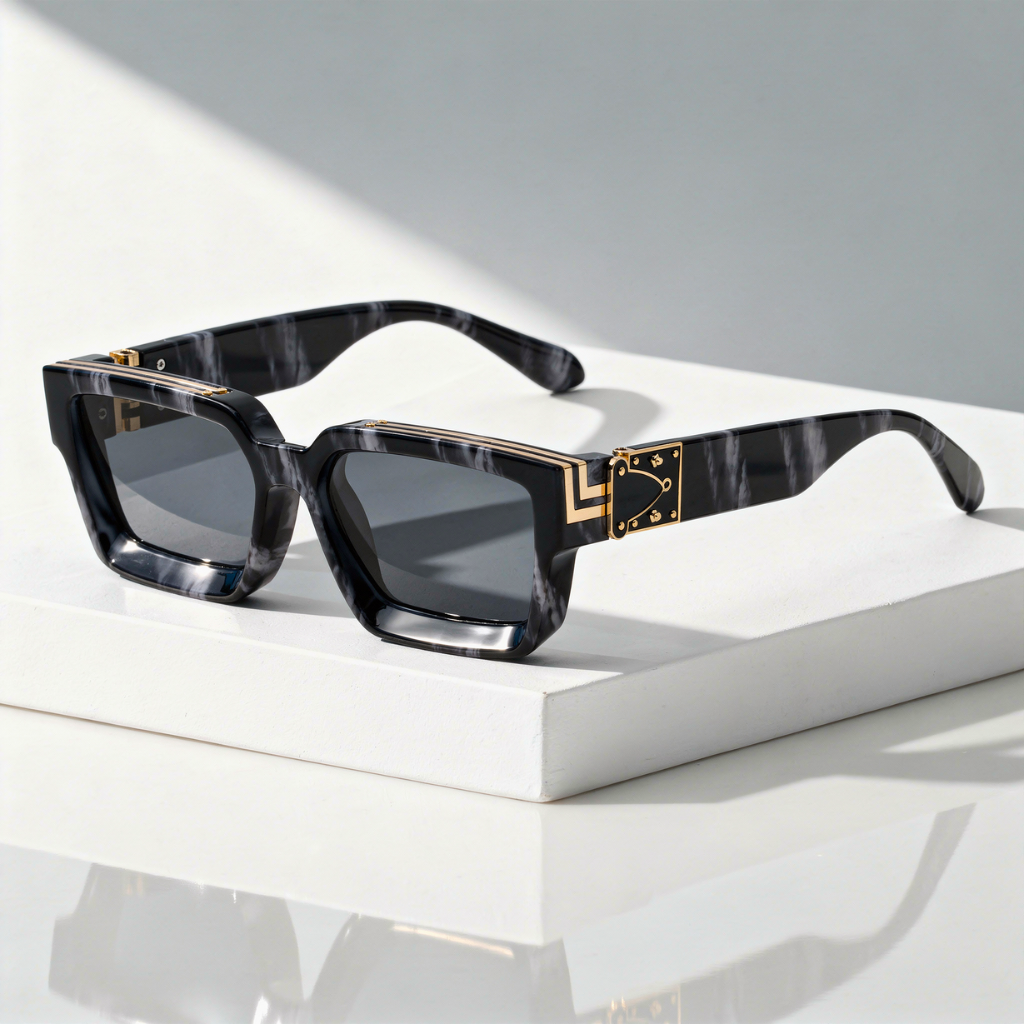 Monaco Marquee Shades sunglasses with dark square frames and gold logo detail