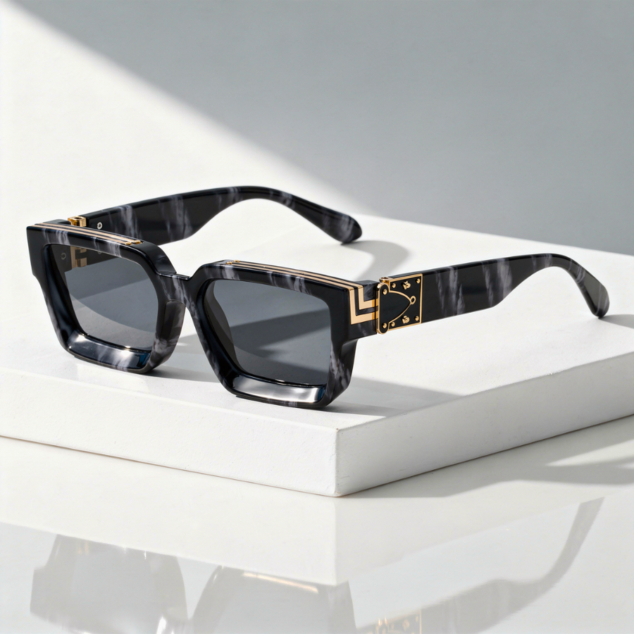Monaco Marquee Shades sunglasses with dark square frames and gold logo detail