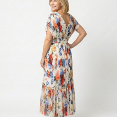 Floral pleated midi dress with short sleeves, V-neck; three-quarter back view