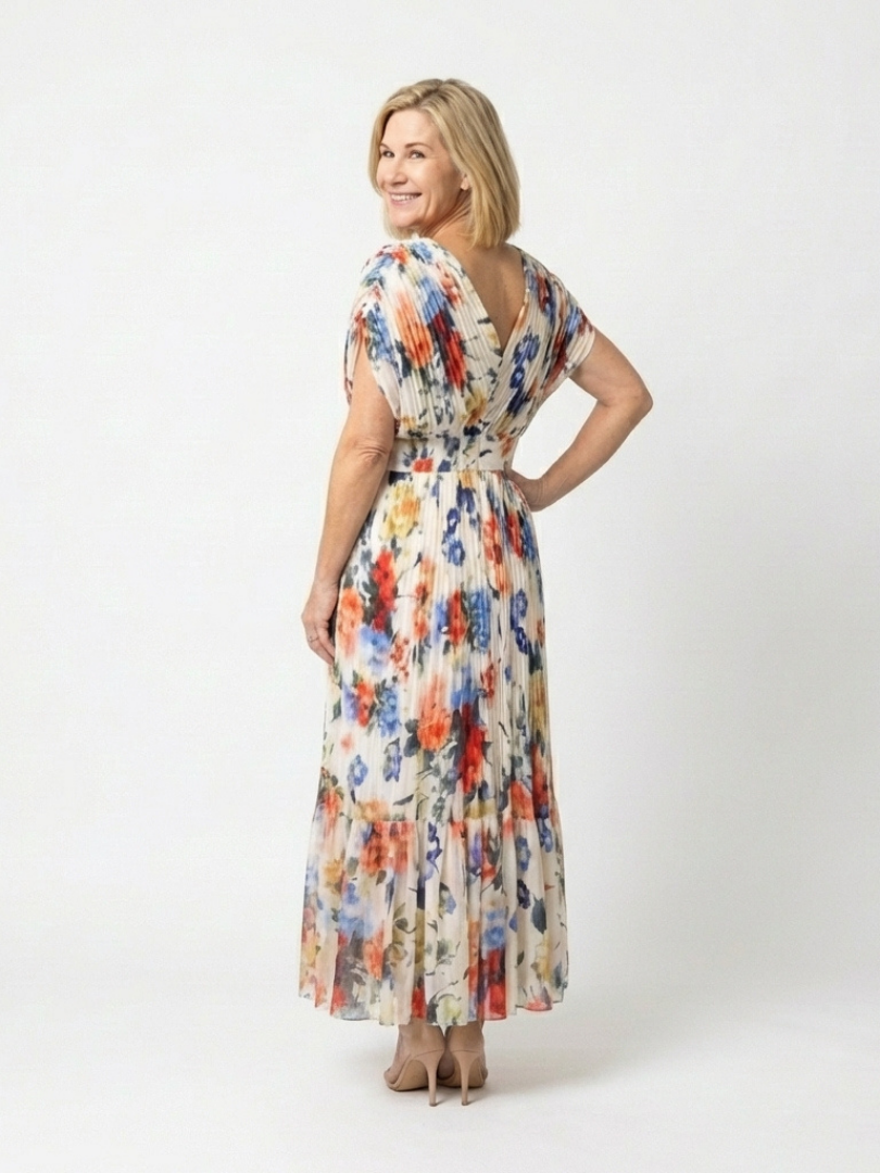 Floral pleated midi dress with short sleeves, V-neck; three-quarter back view