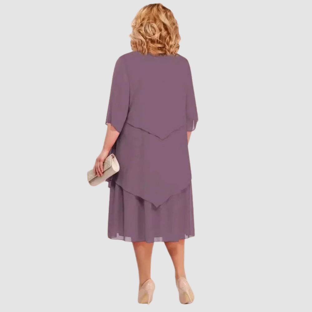 Light purple chiffon midi dress, back view, layered ruffle hem and short sleeves