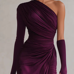 Ruched one-shoulder plum maxi dress with long sleeve and draped gathered skirt