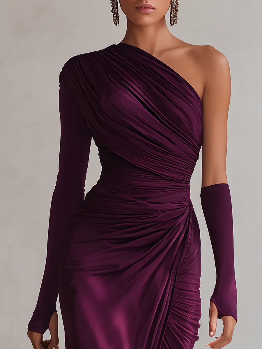 Ruched one-shoulder plum maxi dress with long sleeve and draped gathered skirt