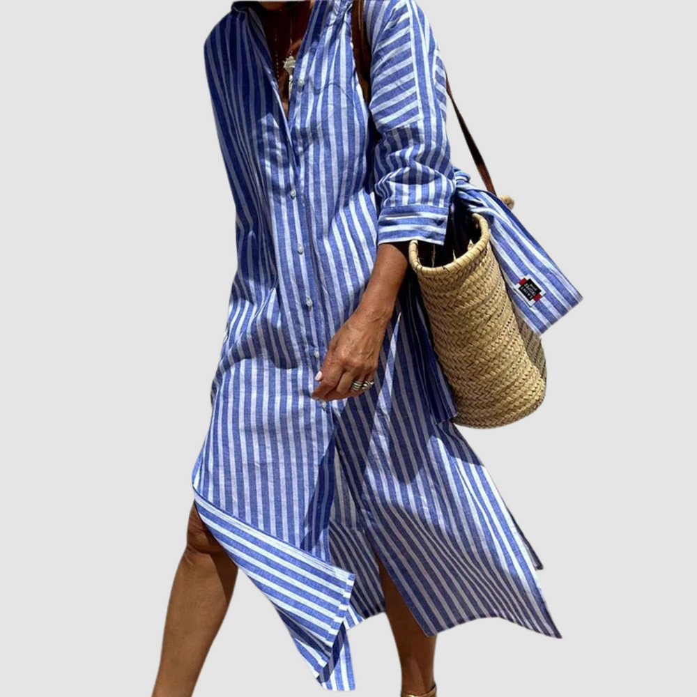 Striped summer shirt dress, blue vertical stripes with button front and long sleeves