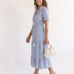 Sky blue striped tiered midi dress, short puff sleeves, V-neck and tassel ties