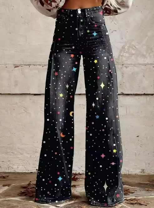 Boho vintage jeans, dark wash with colorful galaxy star print and wide straight legs
