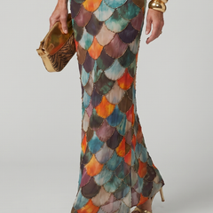 Fitted multicolor scale-pattern maxi dress with halter straps and back ties