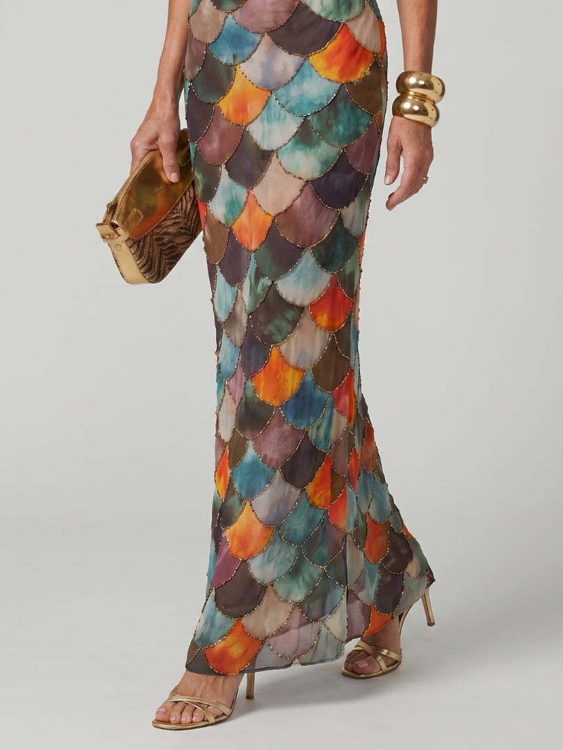 Fitted multicolor scale-pattern maxi dress with halter straps and back ties