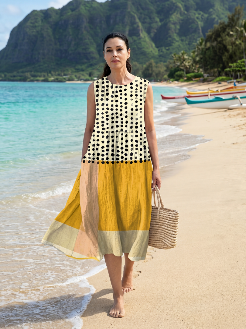 Sleeveless midi dress with black polka dots on cream bodice and yellow layered skirt