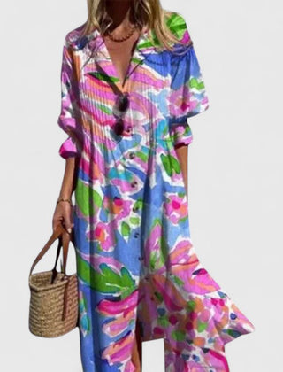 Blue boho dress with bright multicolor flower print, V-neck and cuffed sleeves