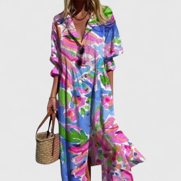 Blue boho dress with bright multicolor flower print, V-neck and cuffed sleeves
