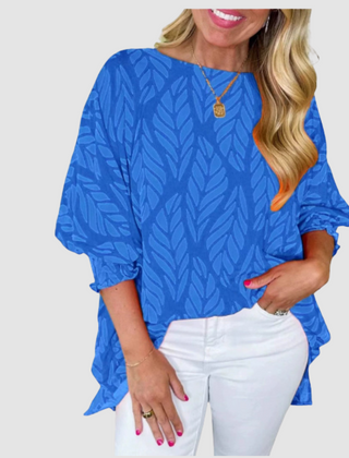 Blue leaf-pattern loose blouse with round neck and loose elbow-length sleeves