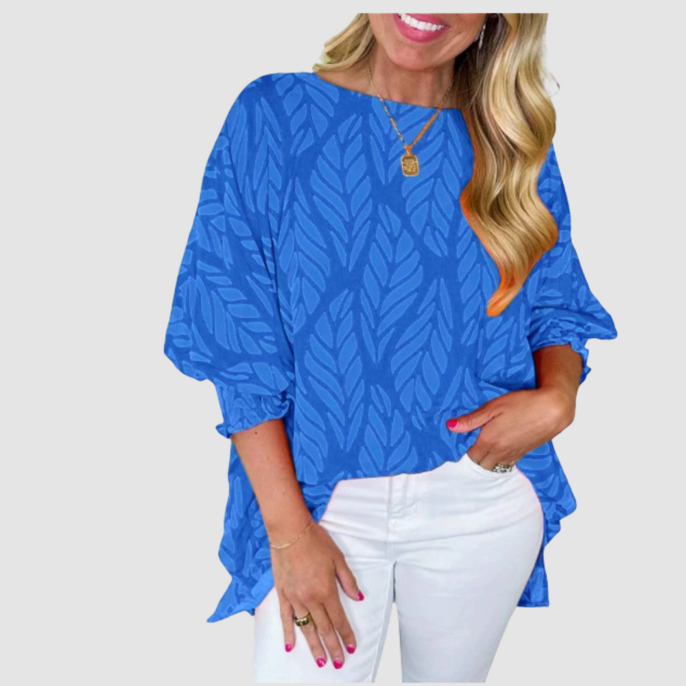 Blue leaf-pattern loose blouse with round neck and loose elbow-length sleeves