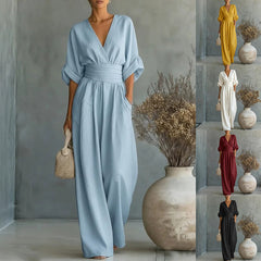 Women’s wide-leg jumpsuit in light blue with V-neck and gathered waist