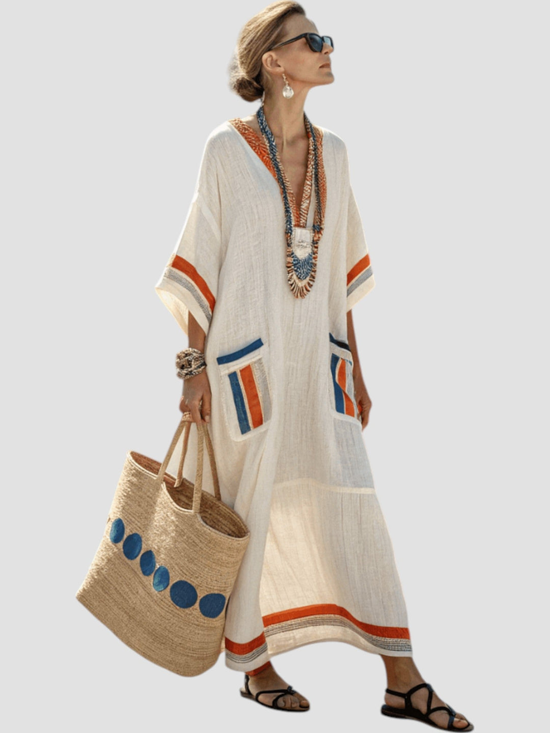 White V-neck midi dress with blue and orange stripe accents and side panel details