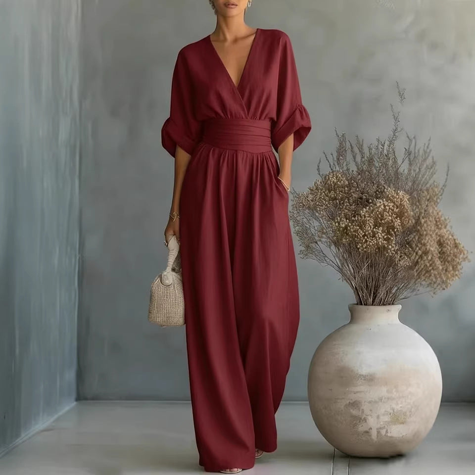 Women’s wide-leg jumpsuit in wine red with V-neck and gathered waist