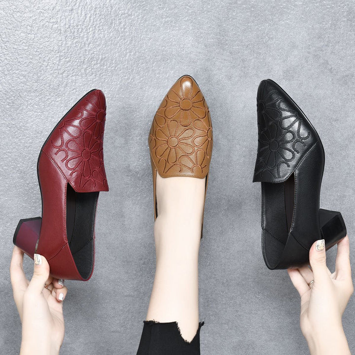 Set of embroidered leather pumps: red, tan brown, and black with pointed toes