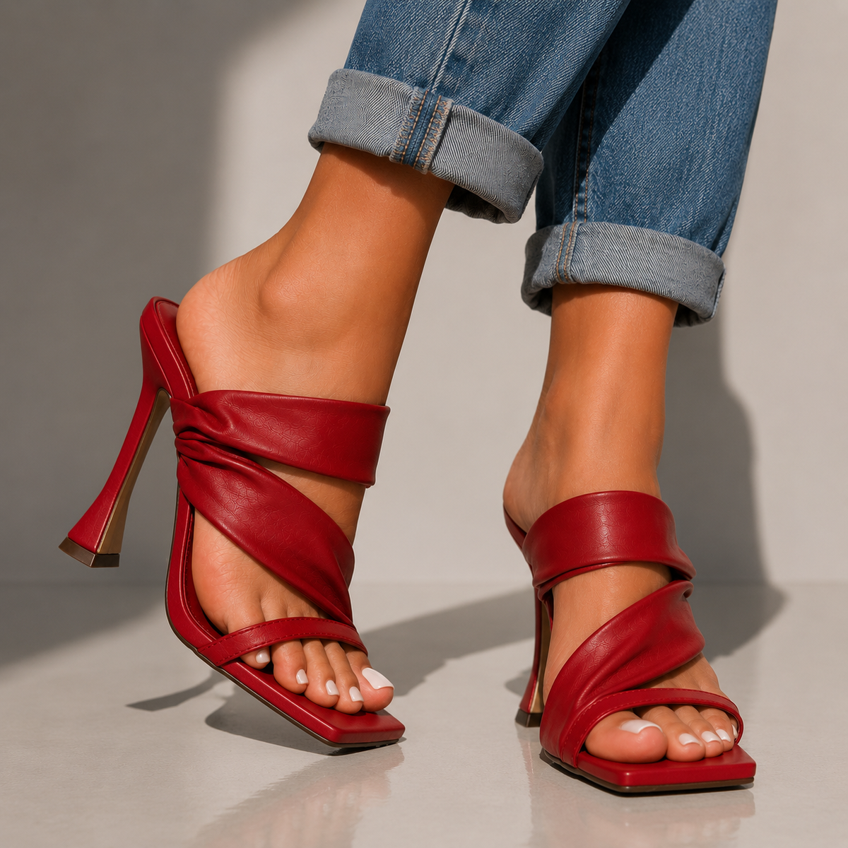 Wine red heeled sandals with open toe and ankle crisscross straps