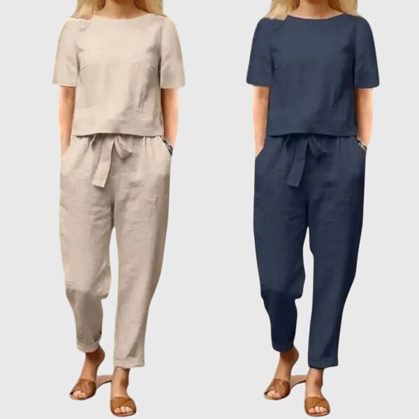 Beige and navy short-sleeve top and jogger pants co-ord sets, gathered waist tie detail