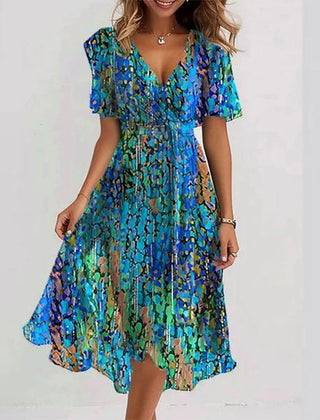 Blue multicolor patterned summer dress, V-neck, short sleeves, gathered waist, flared midi