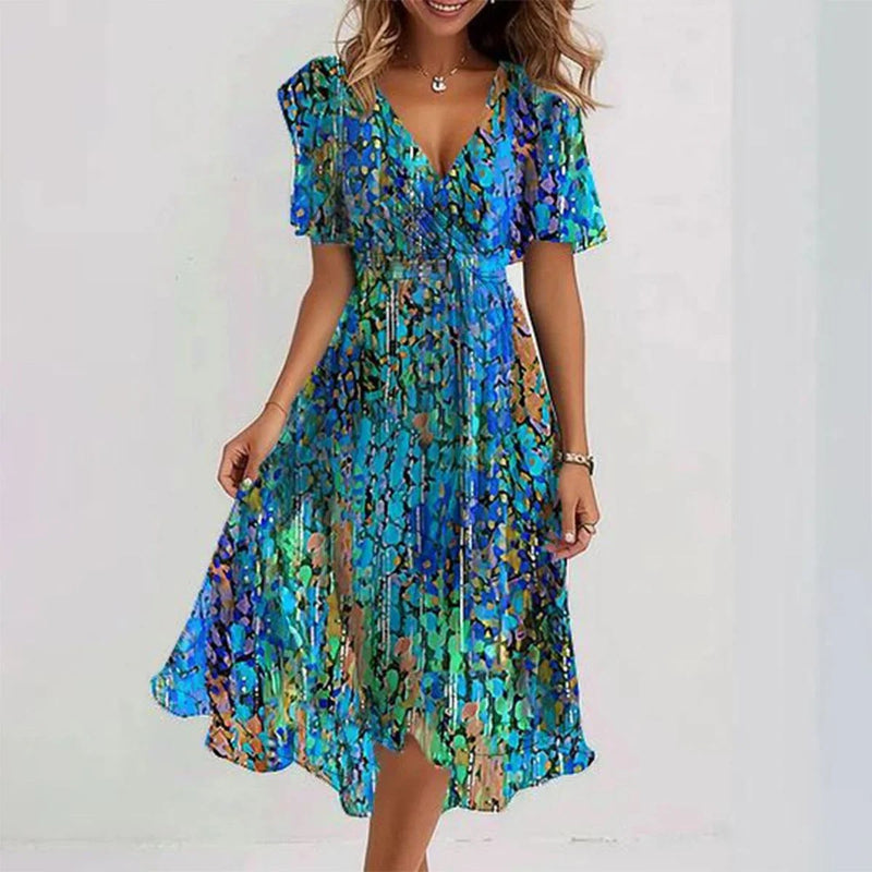 Blue multicolor patterned summer dress, V-neck, short sleeves, gathered waist, flared midi