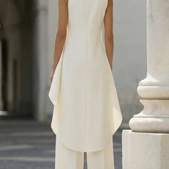 Tailored two-piece set in off-white: sleeveless long vest with asymmetric hem and trousers