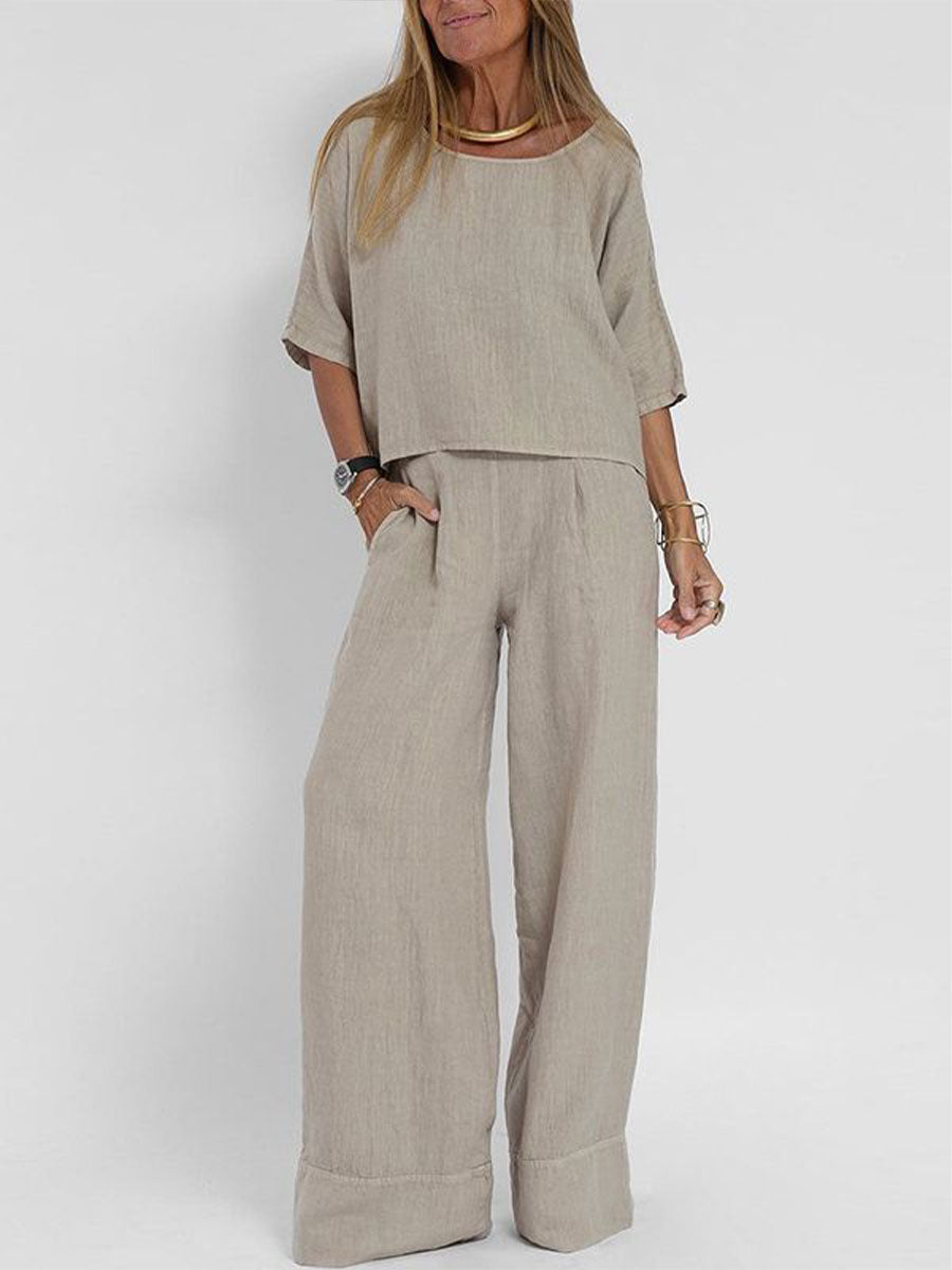 Light gray two-piece set with short-sleeve top and wide-leg pants