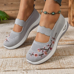Gray knit orthopedic comfort slip-on shoes with floral embroidery and cushioned sole