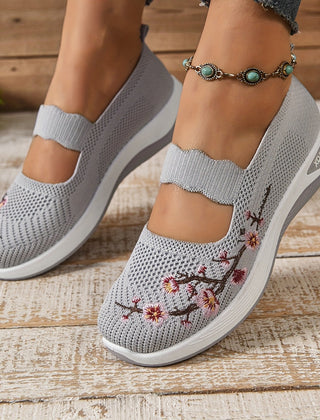 Gray knit orthopedic comfort slip-on shoes with floral embroidery and cushioned sole