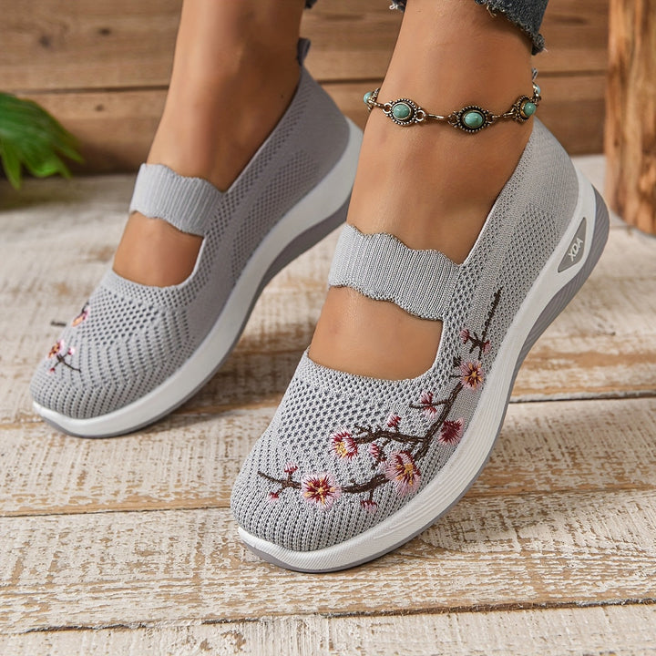 Gray knit orthopedic comfort slip-on shoes with floral embroidery and cushioned sole
