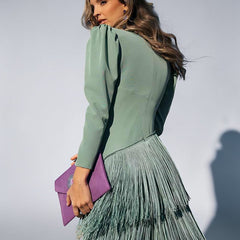 Green fringe dress back view, V-back with long sleeves and tiered tassel skirt